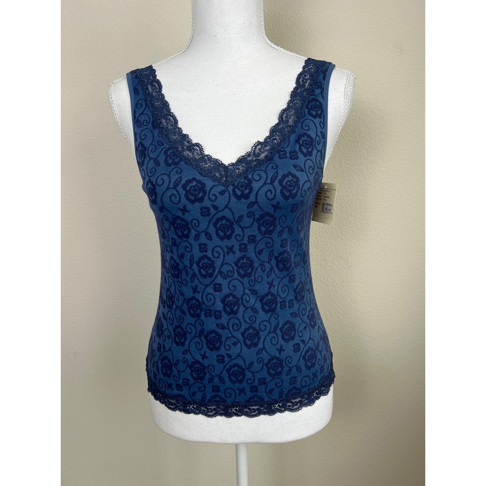Arianne Blue Floral Lace Trim Tank Top Stretch Cotton Cami S Y2K Romantic Boho